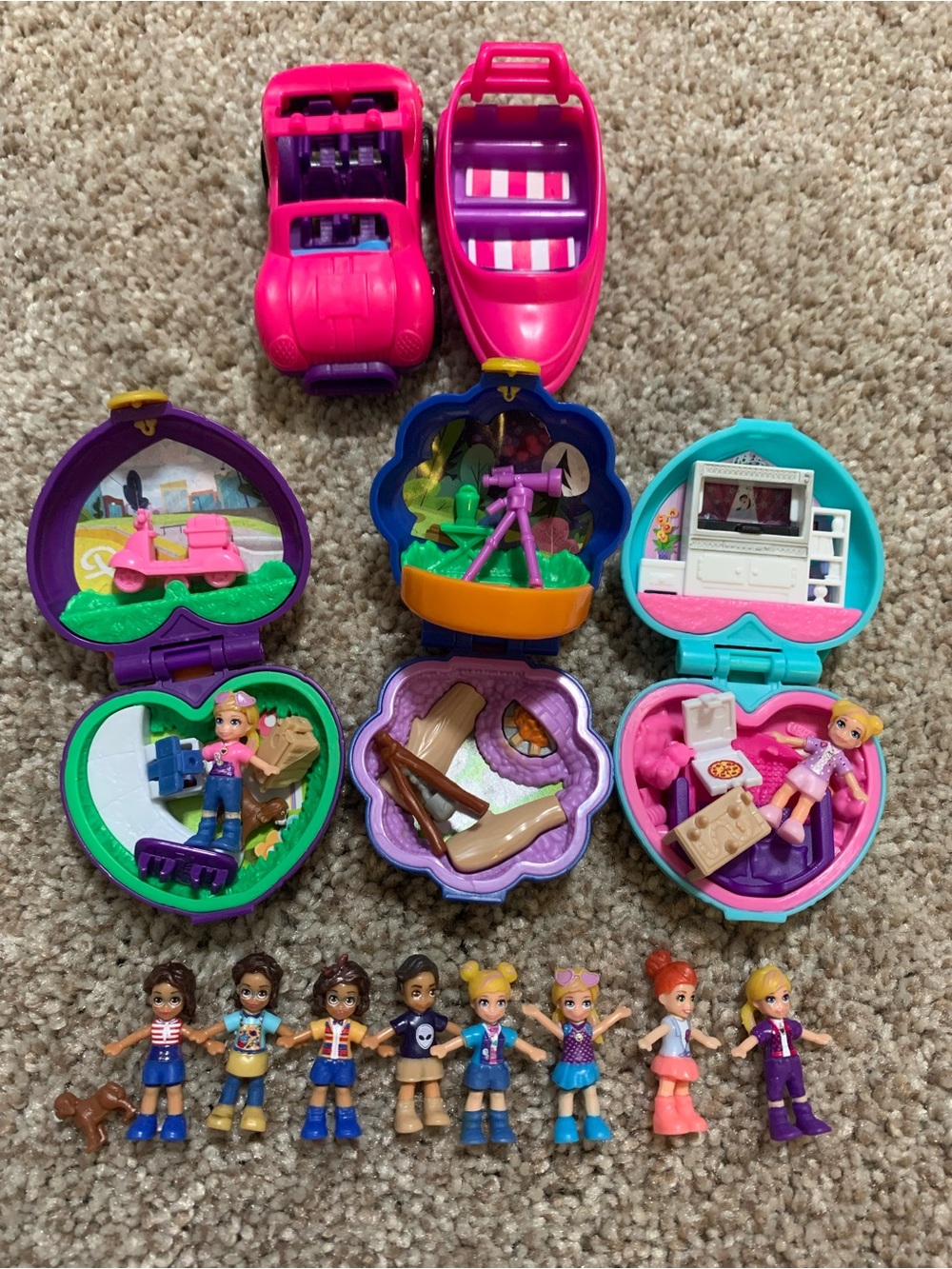 Lot Polly Pocket Tiny Places Compact Picnic Camping Sleepover Car Boat Dolls